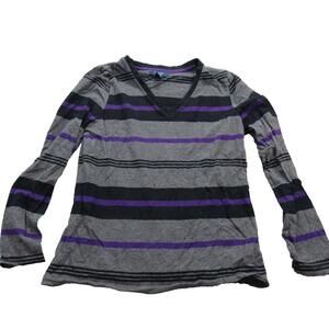 Chaps Sweater Womens Large Gray Black Purple Striped V Neck Pullover Long Sleeve